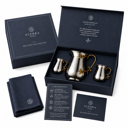 Alerra® 50 Oz Hammered Stainless Steel Pitcher Set (Gilded Vine Edition)